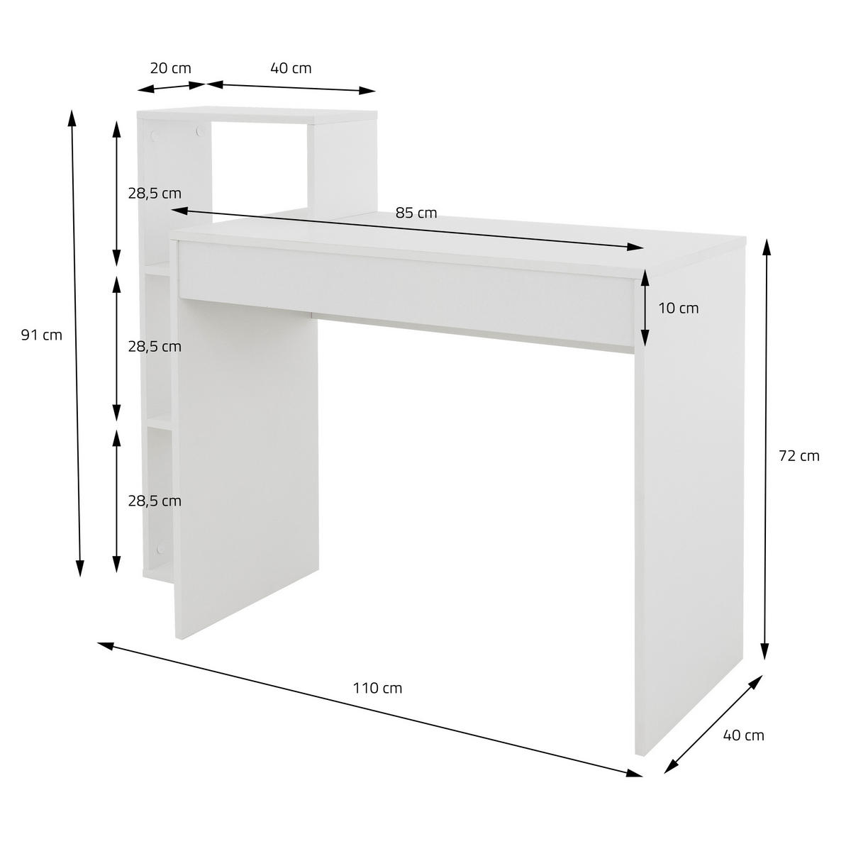 SCHREIBTISCH - Weiß, Holzwerkstoff (110/40/91cm) - ML-DESIGN