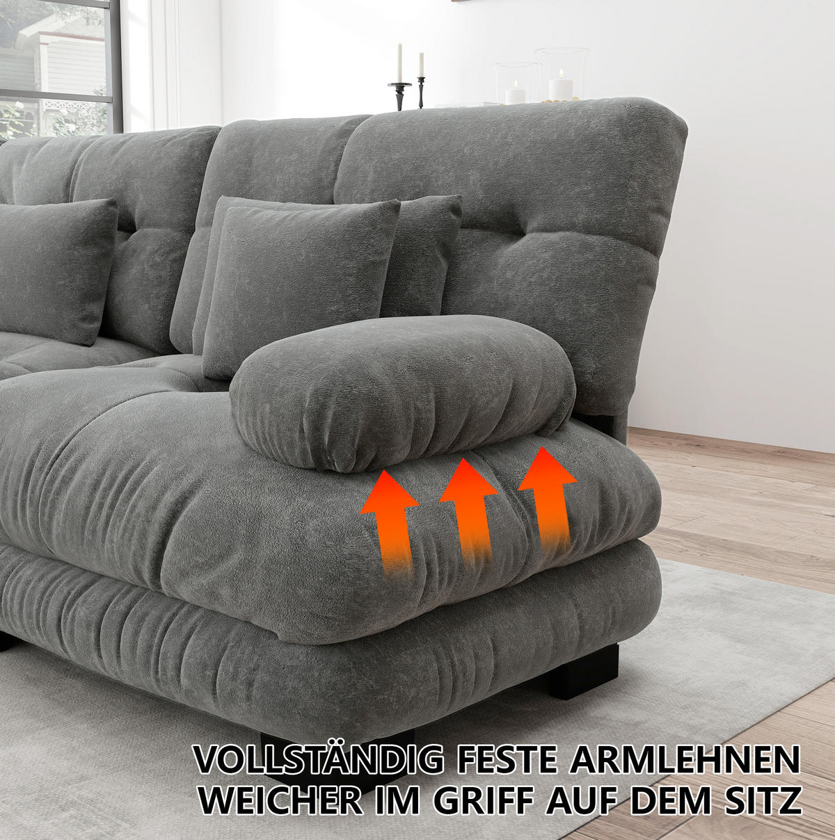 SOFA in Grau aus Chenille mit modularen Elementen - Grau, Textil (77/81/220cm) - Flora Grace