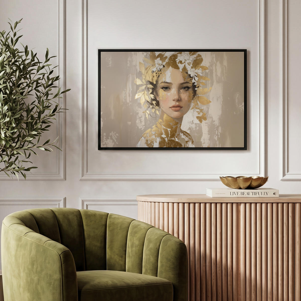 LEINWAND Bilder mit Rahmen - Gesicht - Frau - Blätter - Gold - 60x40 - Beige, Textil (60/40cm) - MuchoWow