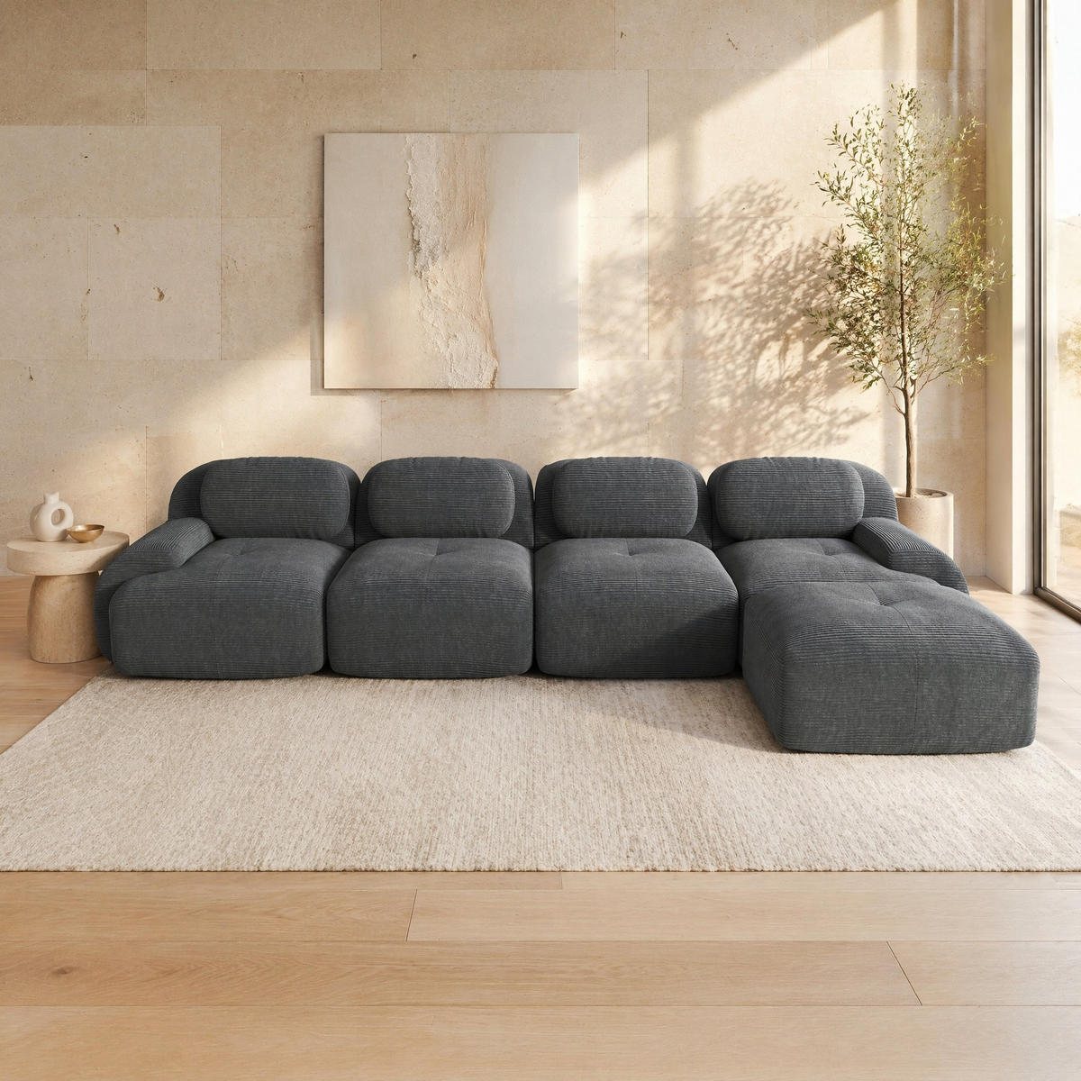 ECKSOFA 388/178/70 cm in Grau aus Cord mit Chaiselongue - Grau, Textil (178/388cm) - Flora Grace
