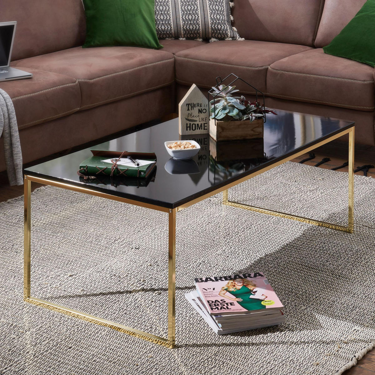 COUCHTISCH RIVA, Schwarz, Metall und Holz, Filigrane Beine, Maße 120x45x60 cm - Goldfarben/Schwarz, Holz/Metall (60/120/45cm) - KADIMA DESIGN