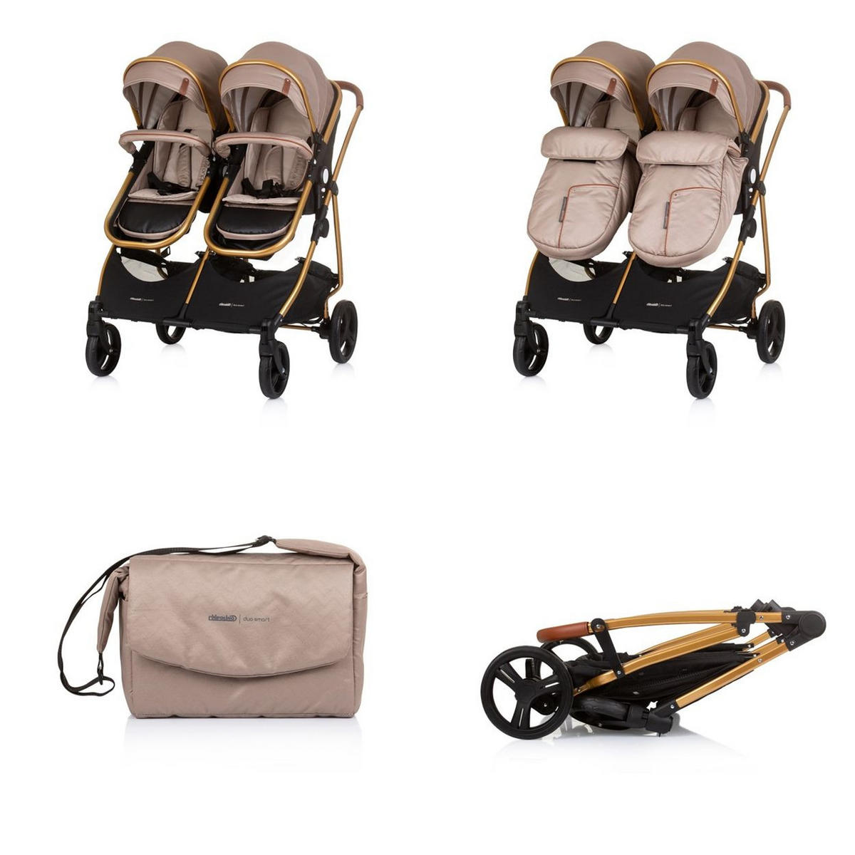 GESCHWISTERKINDERWAGEN Duo Smart beige/braun klappbar, umbaubar, verstellbar, Fußsack - Beige, Metall (80/75/104cm) - Chipolino