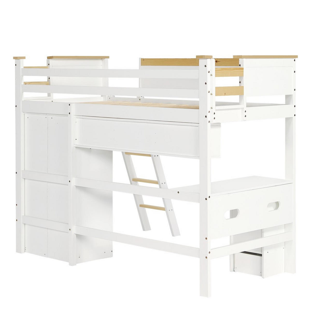 ETAGENBETT 90x200cm in Weiß+Natur mit Tisch und Kleiderschrank - Weiß, Holz (90/200cm) - KOMHTOM