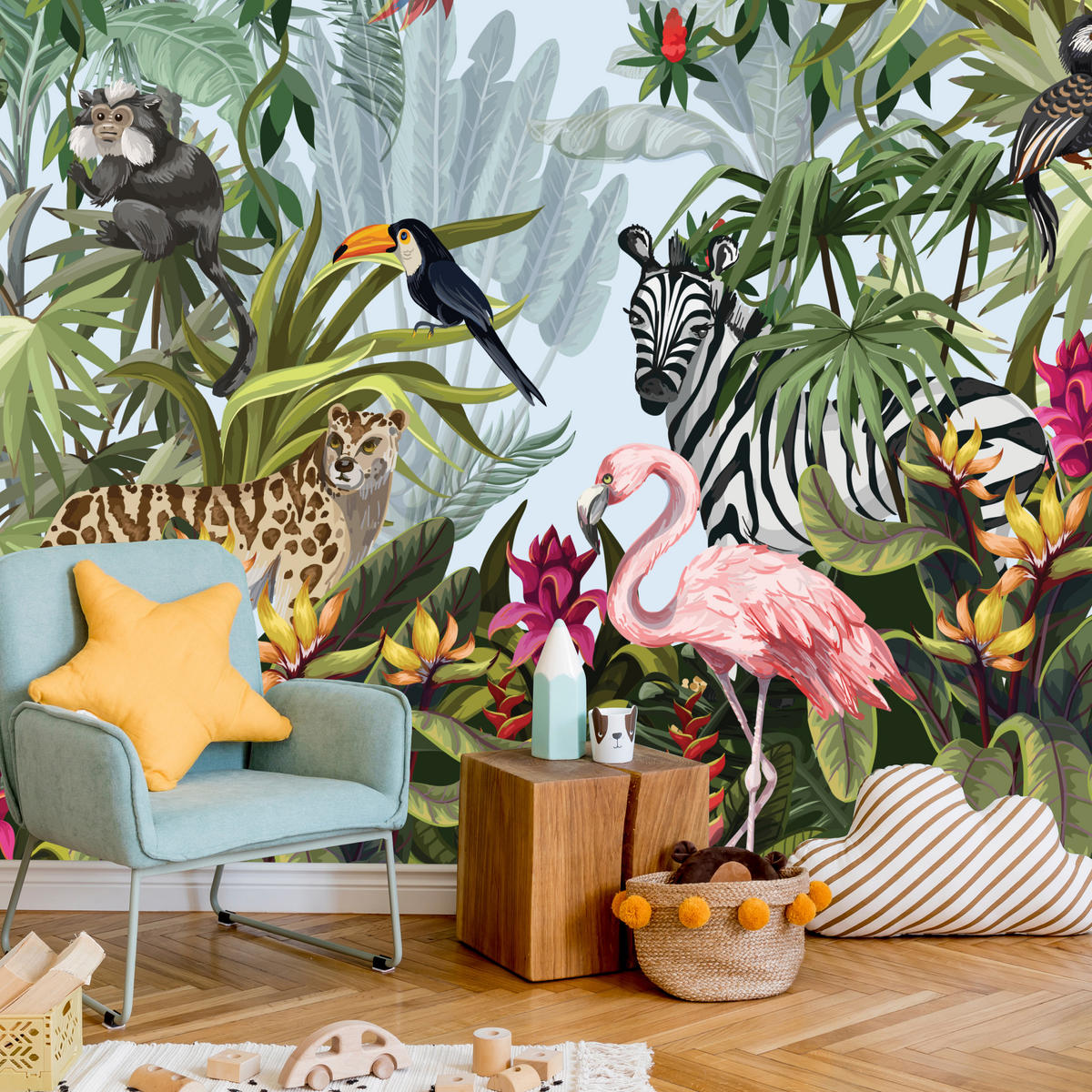 FOTOTAPETE für Kinderzimmer Tropische Pflanzen Tiere Flamingo Rippen 200x140 - Multicolor, Papier (200/140cm) - Muralo