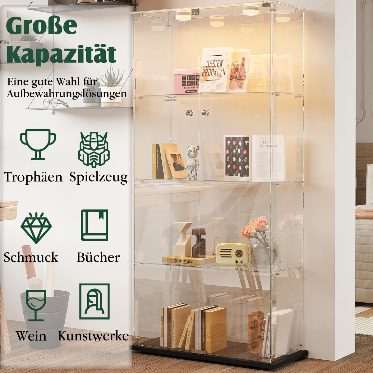 GLASVITRINE, 4 Glasböden, Doppeltür mit Schloss, Touch-LED, Schwarz - Schwarz, Glas (78.5/163/35cm) - BRILVERDE