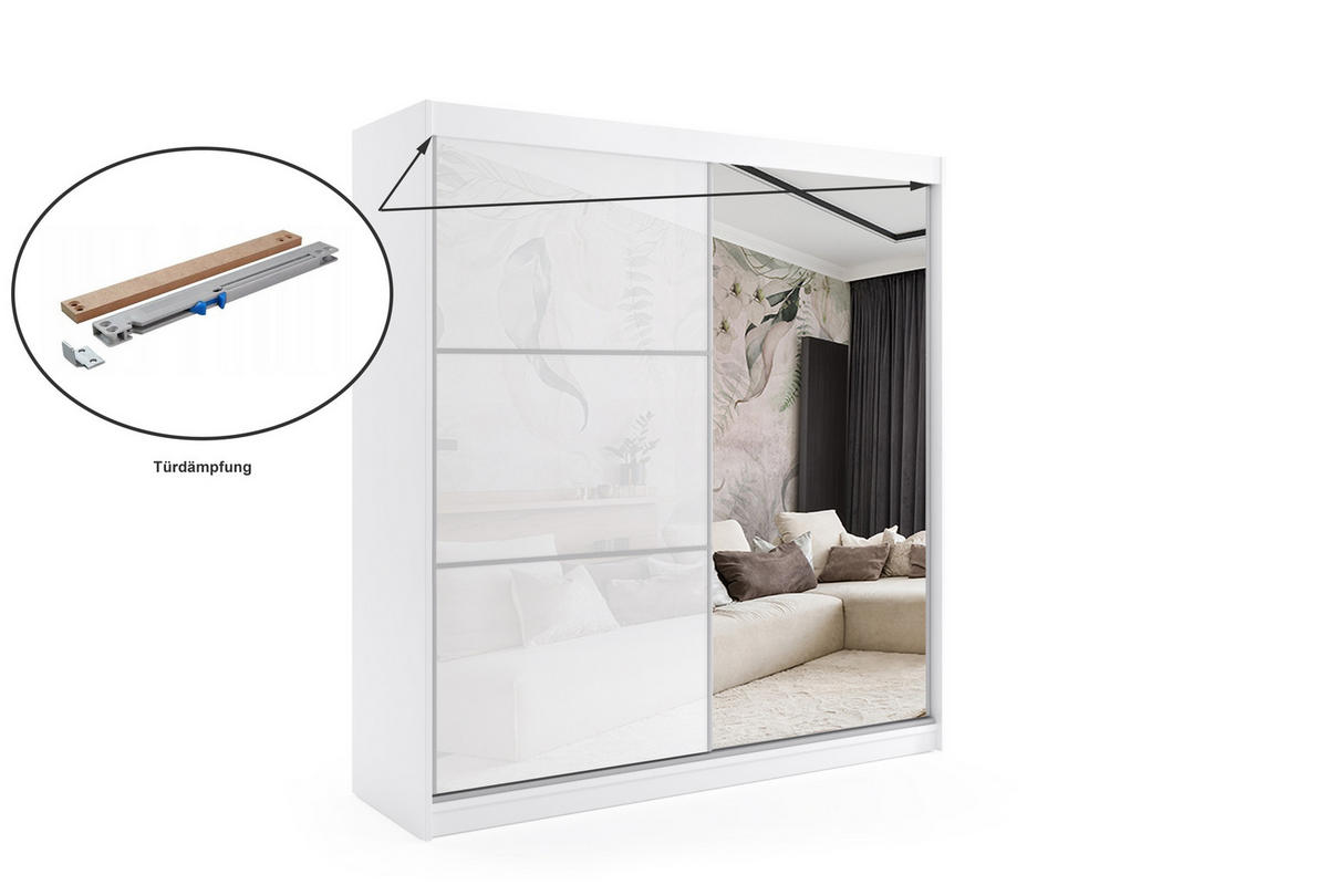 KLEIDERSCHRANK mit Spiegel-Schiebetüren und Aluminium-Leisten - VIVI - 200 cm Weiß - Weiß, Holzwerkstoff (200/216/61cm) - ALTDECOR