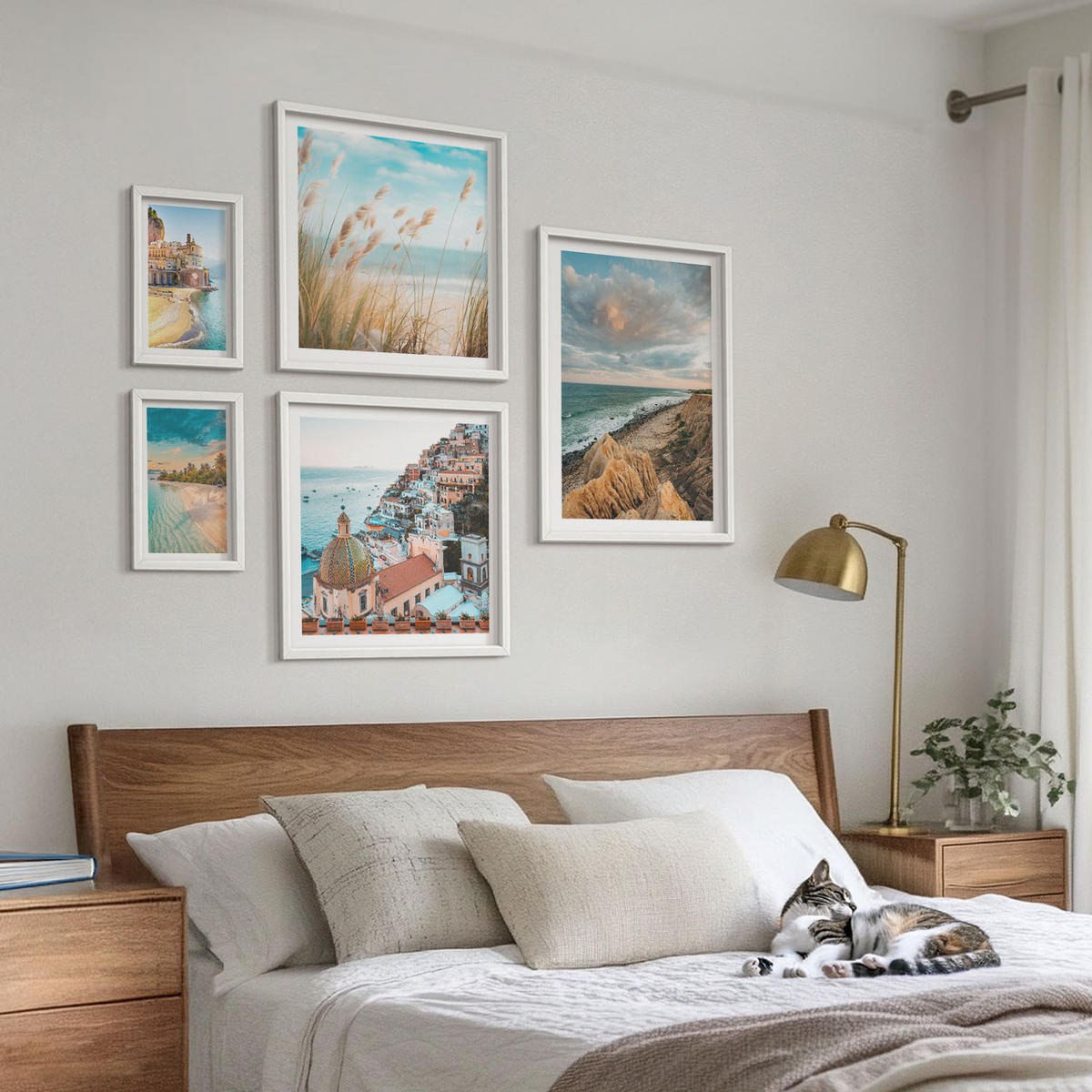 BILDER SET 5er Set - 50x50 cm & 20x30 cm & 40x60 cm Weißer Rahmen - Landschaften Strand Stadt Klippen - Weiß, Kunststoff (40/60cm) - TULUP