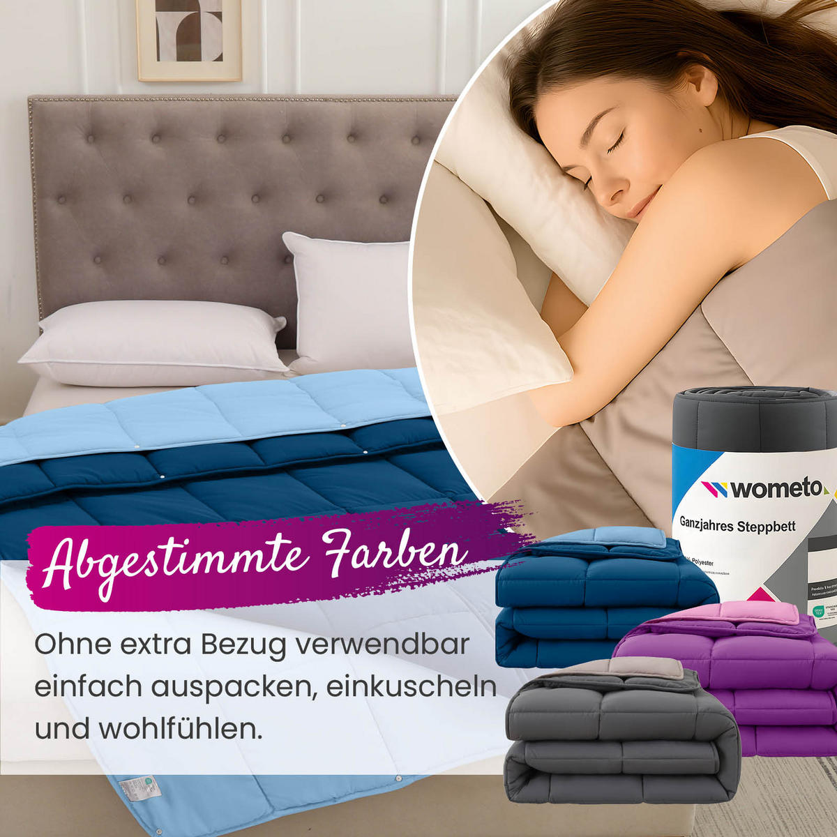 4-JAHRESZEITEN Steppbett Bi-Color im Wende-Design blau 135x200 - Blau, Textil (135/200cm) - wometo