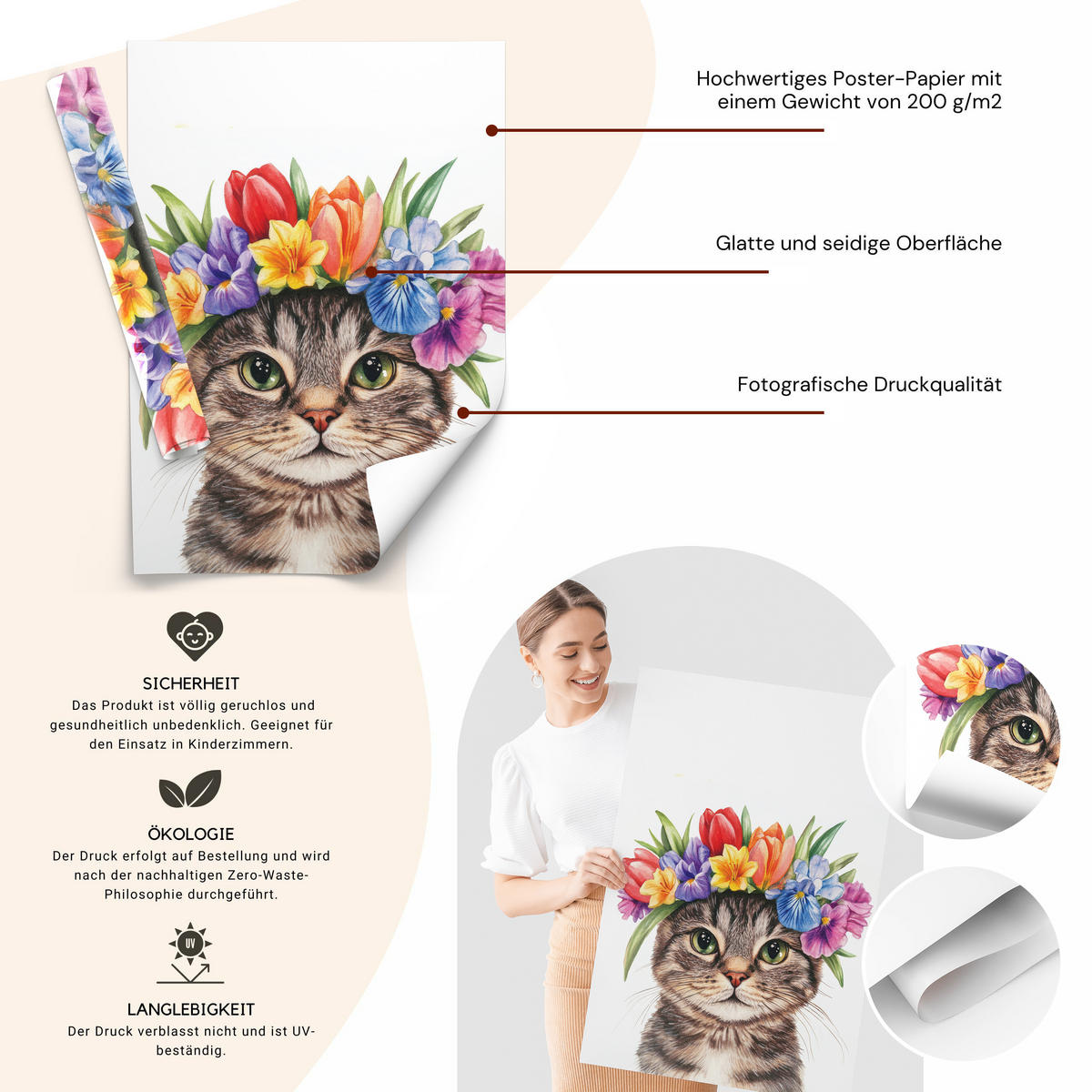 POSTER SET für Kinderzimmer KATZEN Blumen Tiere Pflanzen 3x Poster A3 30x42cm - Beige/Rot, Papier (30/42/1cm) - Muralo
