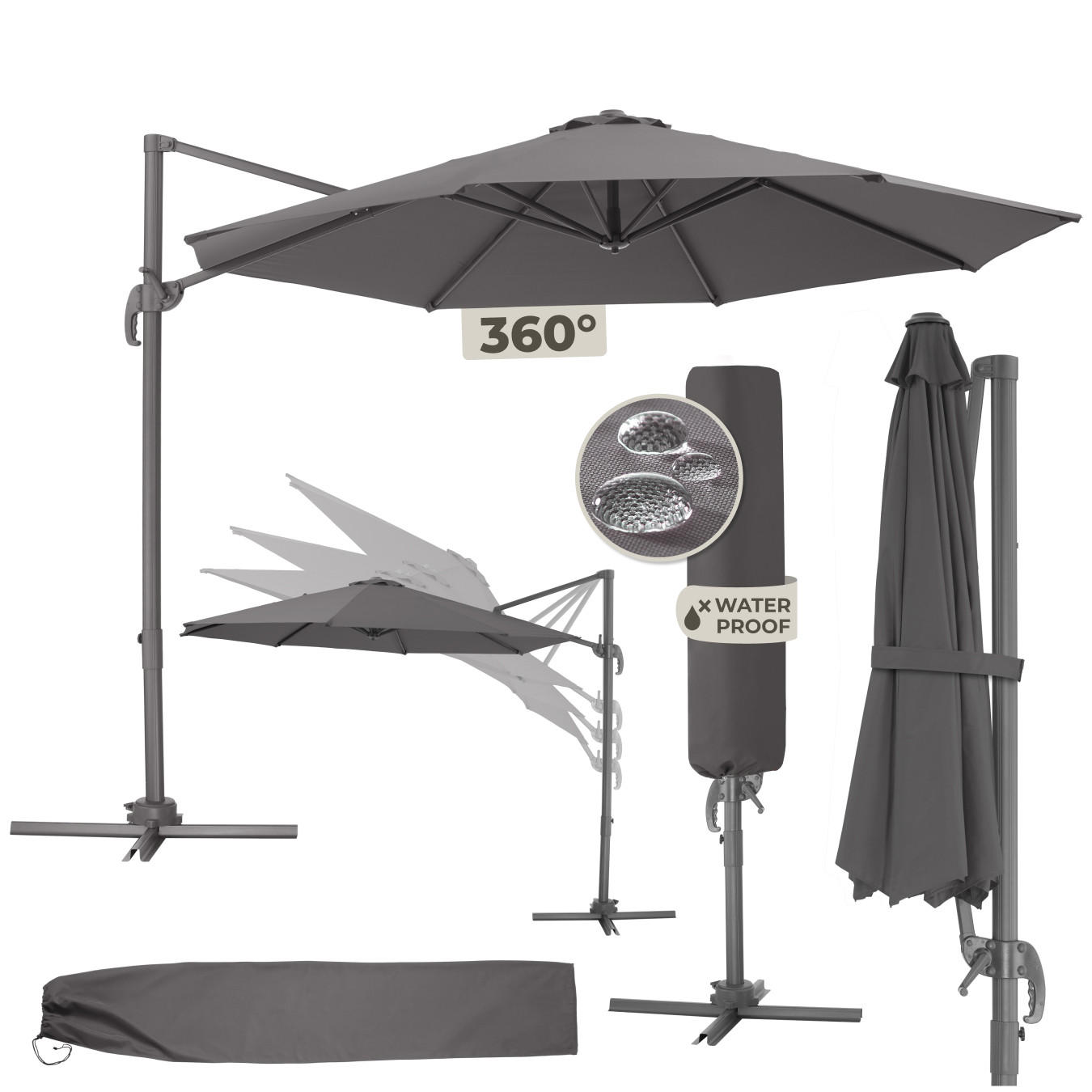 SONNENSCHIRM Daria,UV-Schutz 50+, inklusive Schutzhülle,grau - Grau, Metall (300/372cm) - tectake