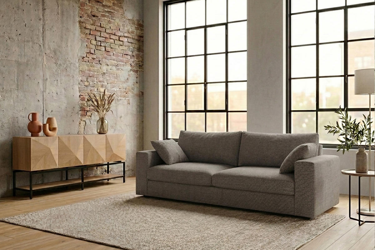 SOFA AMINA Taupe Flachgewebe - Taupe/Schwarz, Buchenholz/Textil (228/82/101cm) - KAWOLA