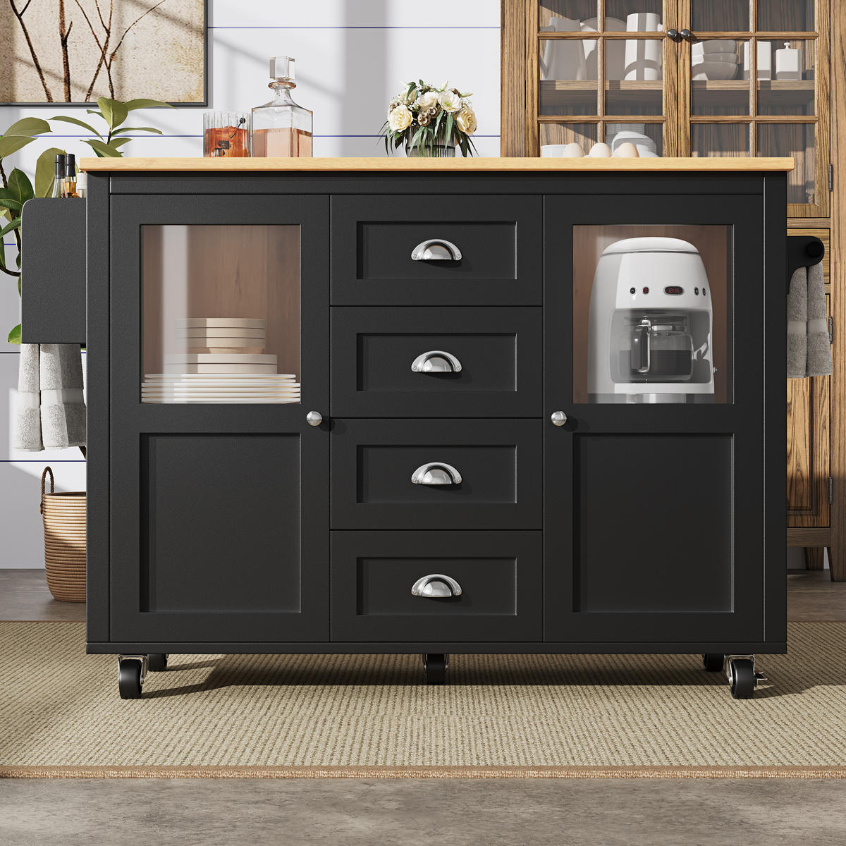 KÜCHENINSEL 137.9x73x92.5cm Schwarz mit Doppeltüren & 4 Rollen - Schwarz, Holzwerkstoff (137.9/92.5/73cm) - Modfu