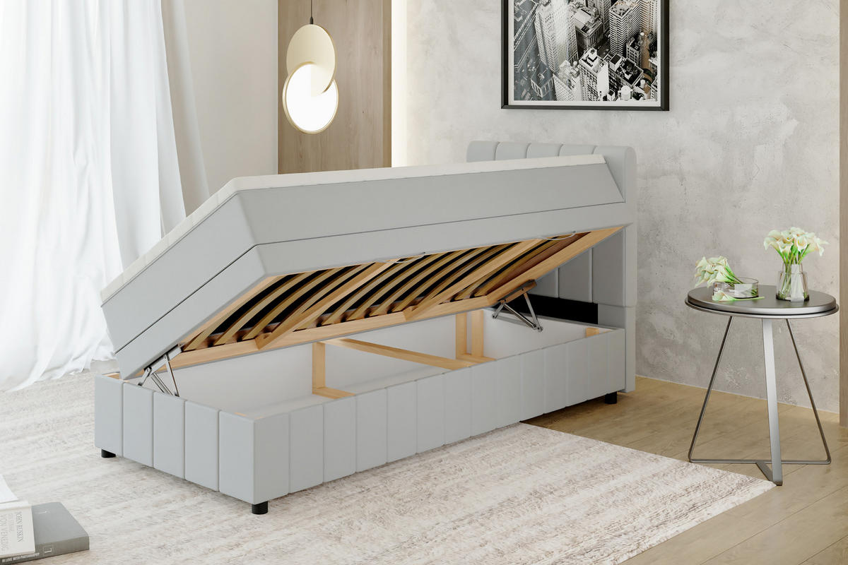 BOXBETT AVALON 90 x 200 cm mit Bettkasten und Topper - Hellgrau - Hellgrau, Holz - Panda Möbel