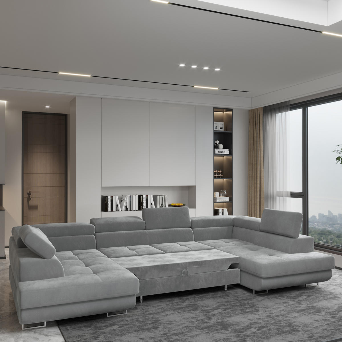 WOHNLANDSCHAFT RAGGIO Hellgrau Velours-Stoff mit Schlaffunktion - Hellgrau, Holz (336/90/202cm) - MASSENO