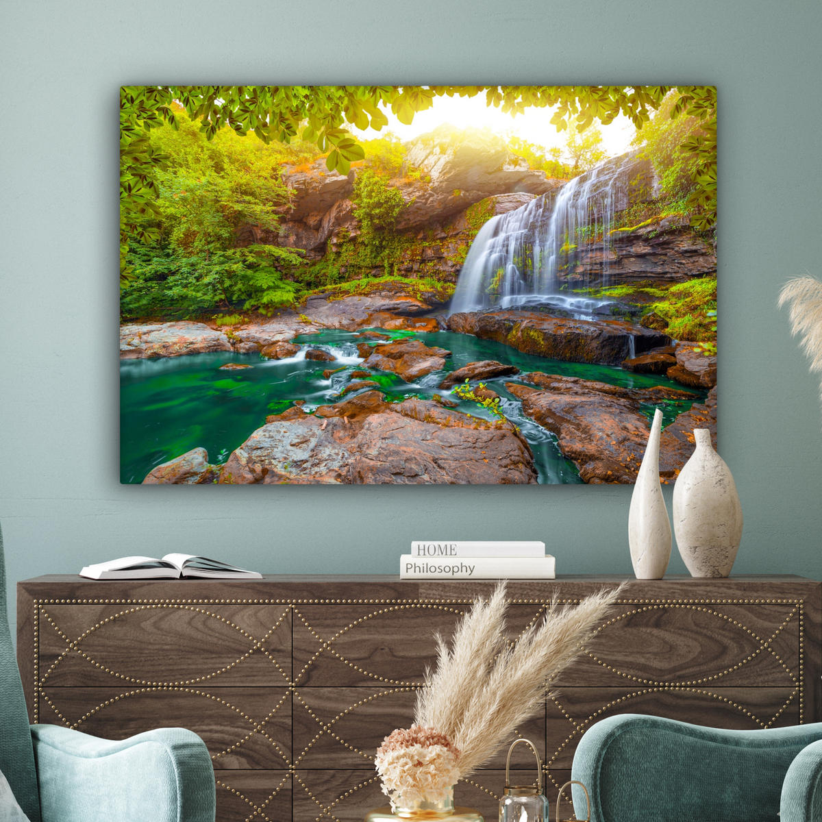 LEINWANDBILD Natur - Wasserfall - Pflanzen - Bäume - Sonne Groß 140x90 cm - Olivgrün, Textil (140/90cm) - MuchoWow