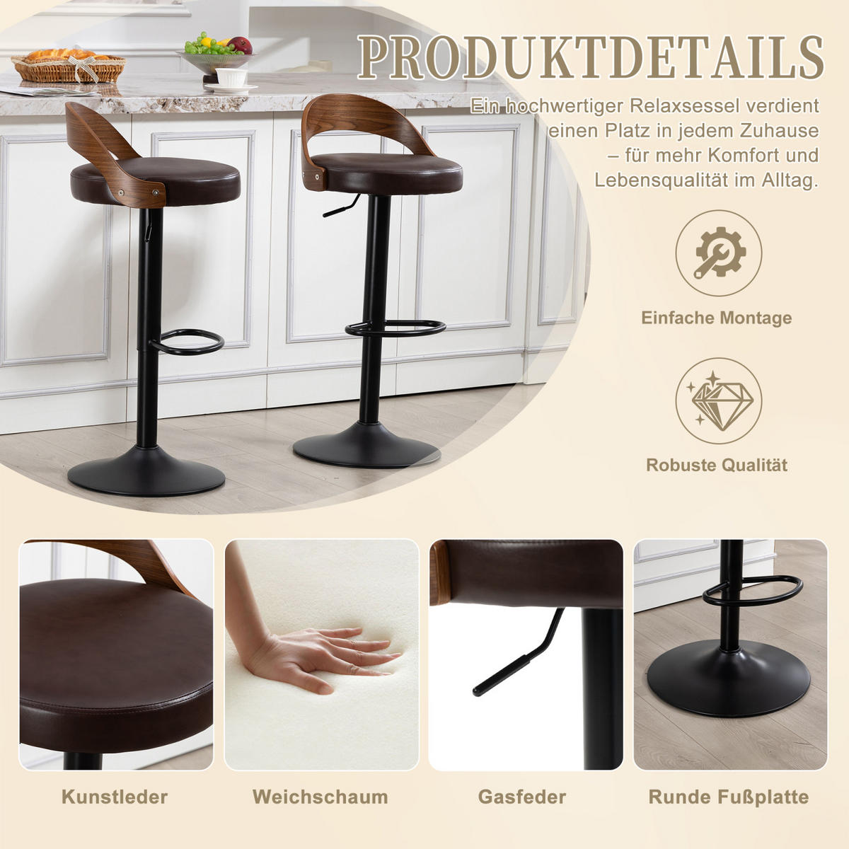 BARHOCKER Drehbar 2er-Set ,Höhenverstellbar mit Rückenlehne Kunstleder Braun - Braun, Textil/Metall (42/98/42cm) - PARAFTA HOME