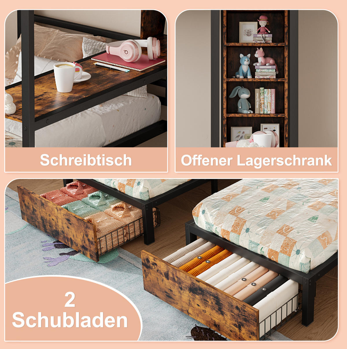 ETAGENBETT 140/200 cm + 90/200 cm aus Metall & MDF mit Stauraum - Schwarz, Holzwerkstoff (140/200cm) - BEAOK