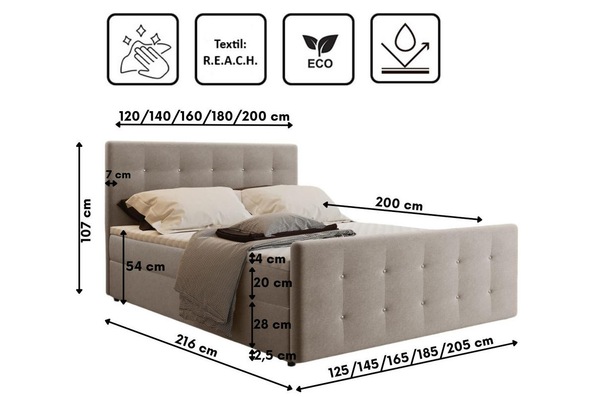 BOXBETT Mit Bettkasten Matratze Topper AMOR Hellbeige 180x200 cm H3-Bonell - Beige, Holz/Textil (180/200cm) - Kaiser Möbel