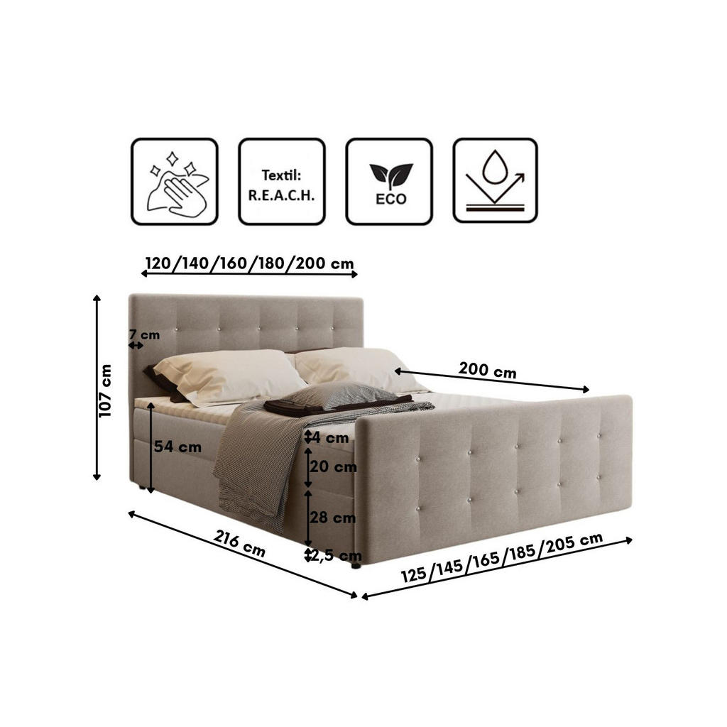 Thumbnail - Kaiser Möbel Boxbett, Creme, Textil, 2 Schubladen, H2, 7-Zonen, Höhe ca. 20 cm, Rechteckig, 120x200 cm, Schlafzimmer, Be...