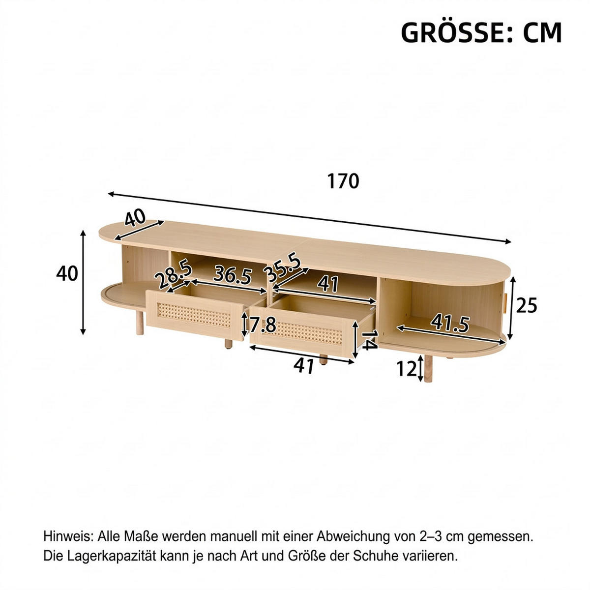 TV-SCHRANK 170/40/40 cm Holzfarbe mit 2 Rattan-Schubladen und 2 Türen - Eichefarben, Holz/Holzwerkstoff (170/40/40cm) - Oxeza