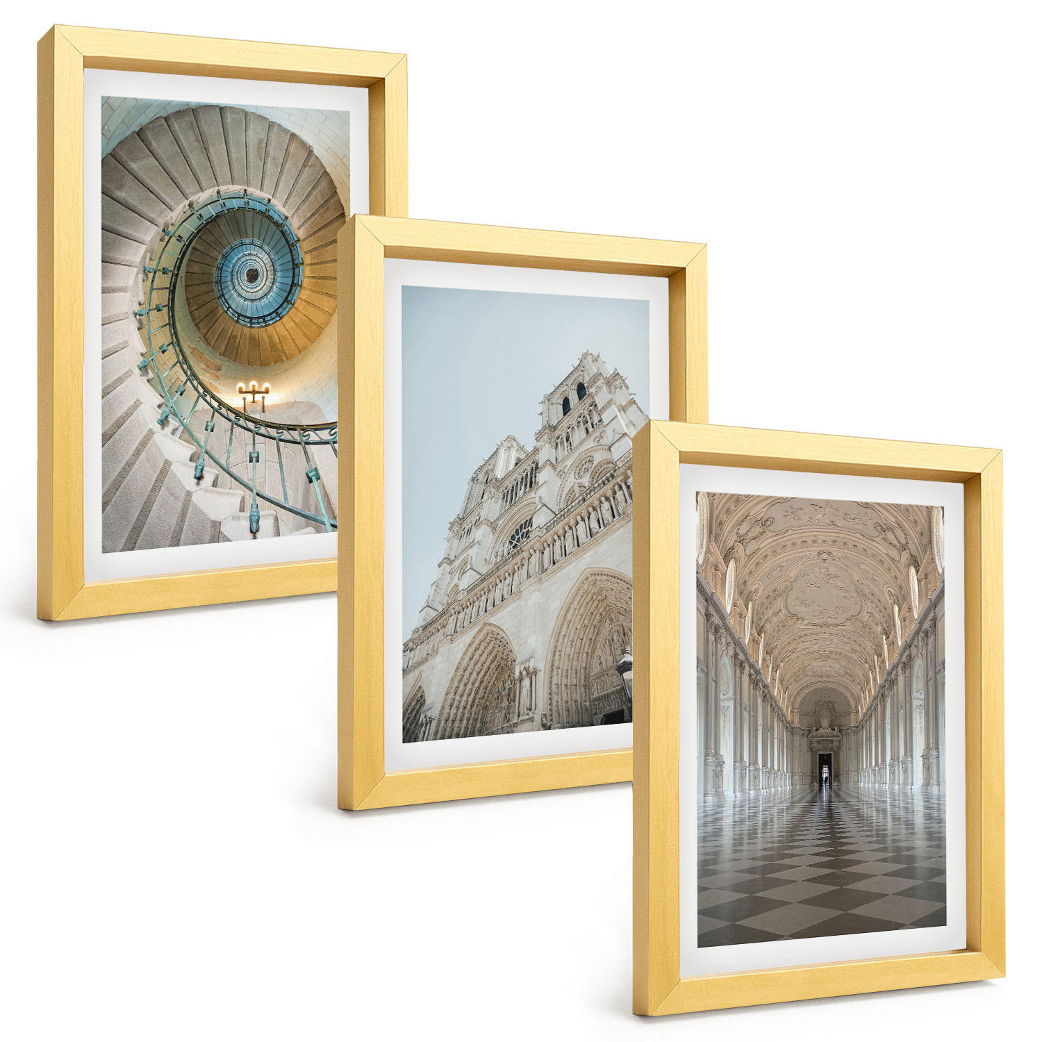 BILDER SET 3er Set - 20x30 cm Goldrahmen - Wendeltreppe der Kathedralenfassade - Goldfarben, Kunststoff (20/30cm) - TULUP