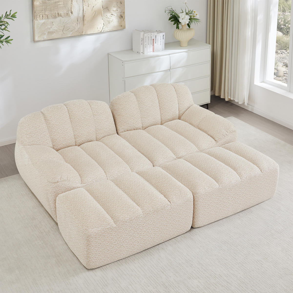 2-SITZER SOFA Granulierter Fleece Beige mit Ottomane - Beige, Textil (210/79/165cm) - WISHDOR