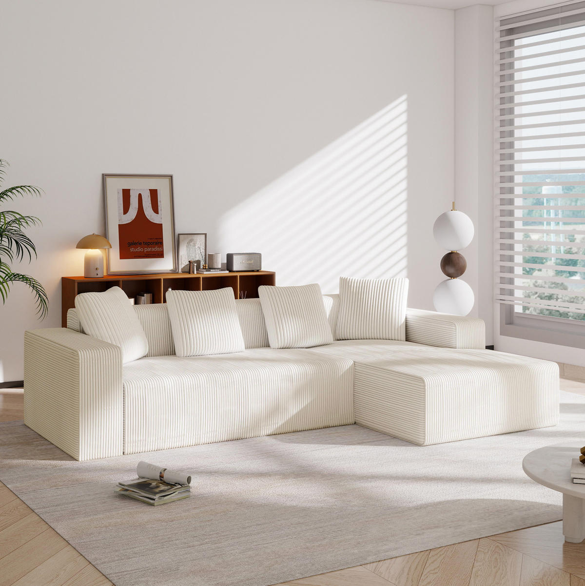 ECKSOFA 261/146/65 cm weiß aus Cord modular mit Longchair - Weiß, Textil (146/261cm) - OKWISH
