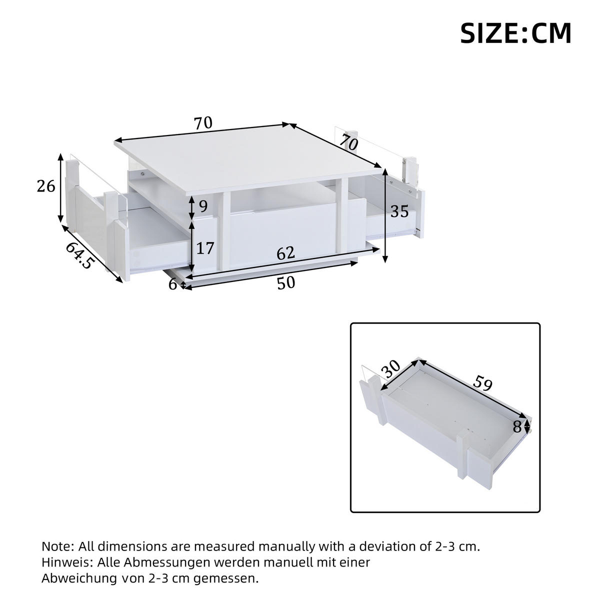 COUCHTISCH in Weiß Sofatisch Hochglanz mit 2 Schubladen, LED & Acryl-Trennwand, Sofatisch für Wohnzimmer,B70/T70/H35cm - Weiß, Holzwerkstoff/Metall (70/70/35cm) - STILVORA