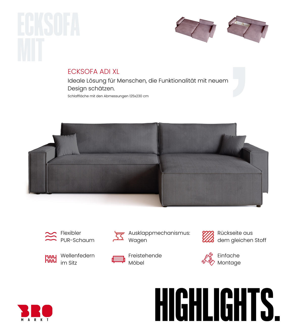 ECKSOFA ADI XL mit Schlaffunktion Grau Cord - Grau, Textil (272/143cm) - Bromarkt