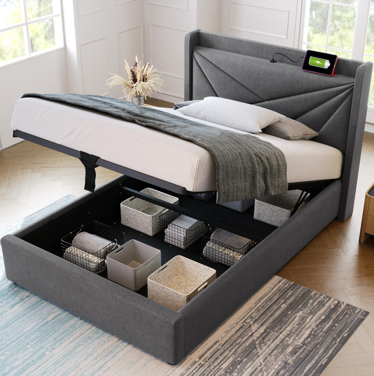 POLSTERBETT 90/200 cm Grau mit Bettkasten, Matratze und USB- und Type-C-Anschlüssen - Grau, Textil (90/200cm) - Flora Grace