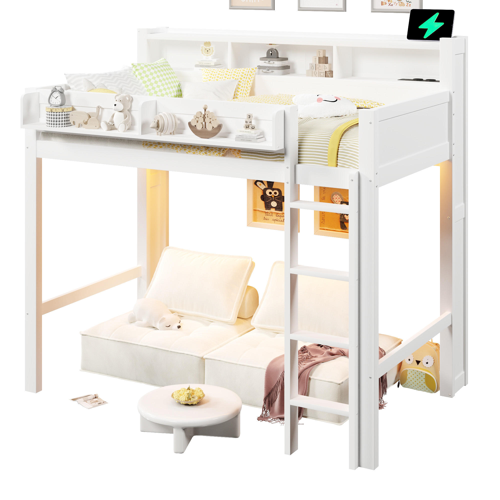 HOCHBETT 90/200 cm in Weiß mit 3 Schränken, LED und USB - Weiß, Holzwerkstoff (90/200cm) - STILVORA