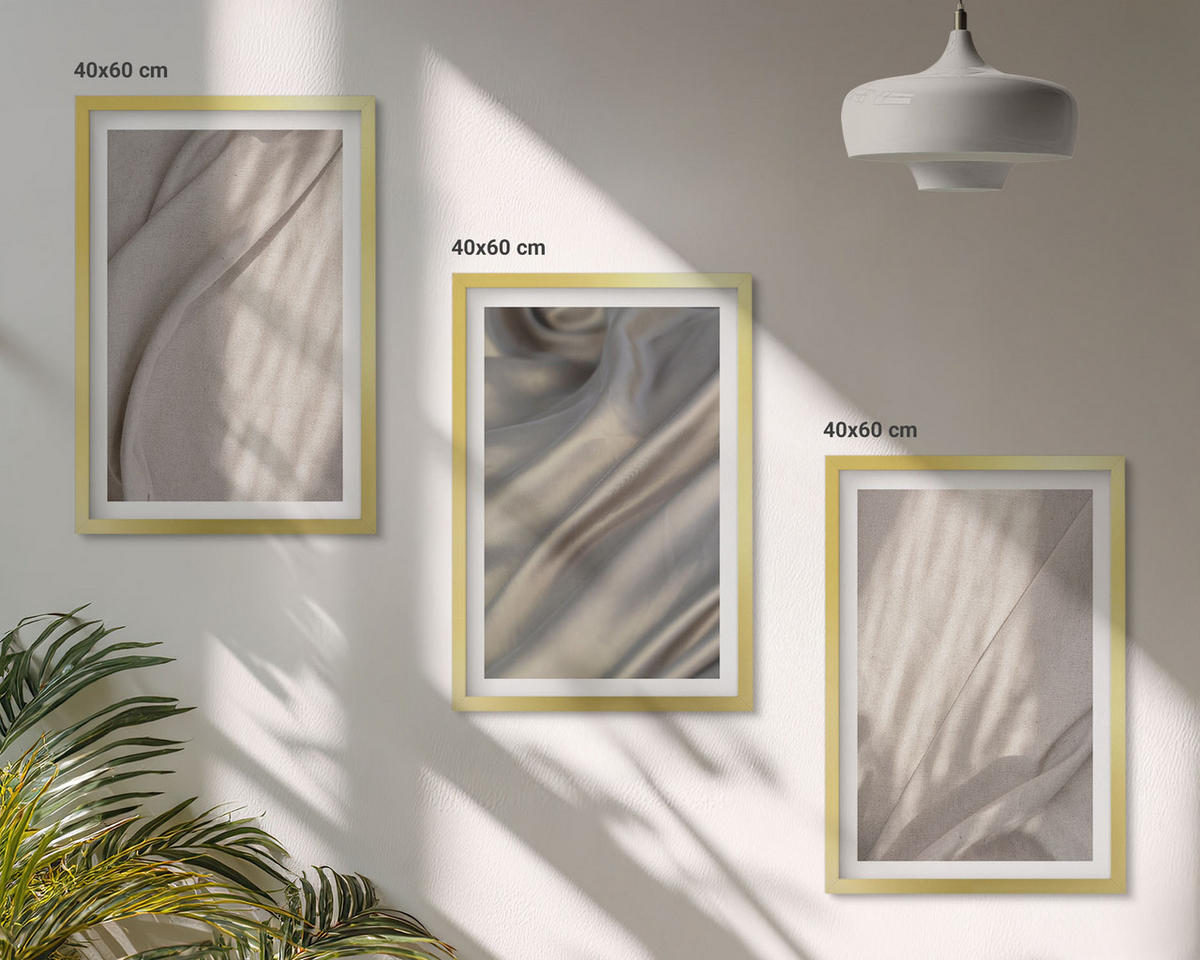 WANDBILDER 3er Set - 40x60 cm Goldrahmen - Nahaufnahme von natürlichen Boho-Stoffen - Goldfarben, Kunststoff (40/60cm) - ArtPrintCave