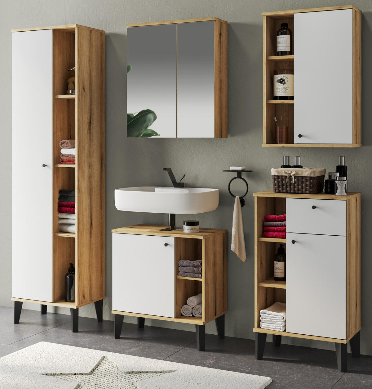 BADMÖBEL-SET 5-teilig weiß, Evoke Eiche, Badkombination 182 x 190 cm - Eichefarben/Schwarz, Glas/Holzwerkstoff (182/190/33cm) - Furn.Design