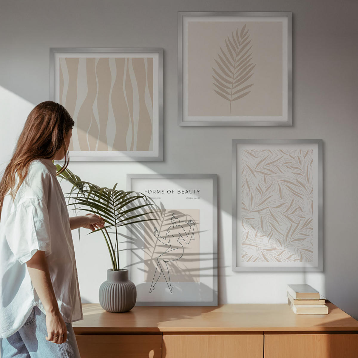 WANDBILDER 4er Set - 50x50 cm & 40x60 cm Silberner Rahmen - Minimalistische Pflanzenmotive - Silberfarben, Kunststoff (50/50cm) - ArtPrintCave