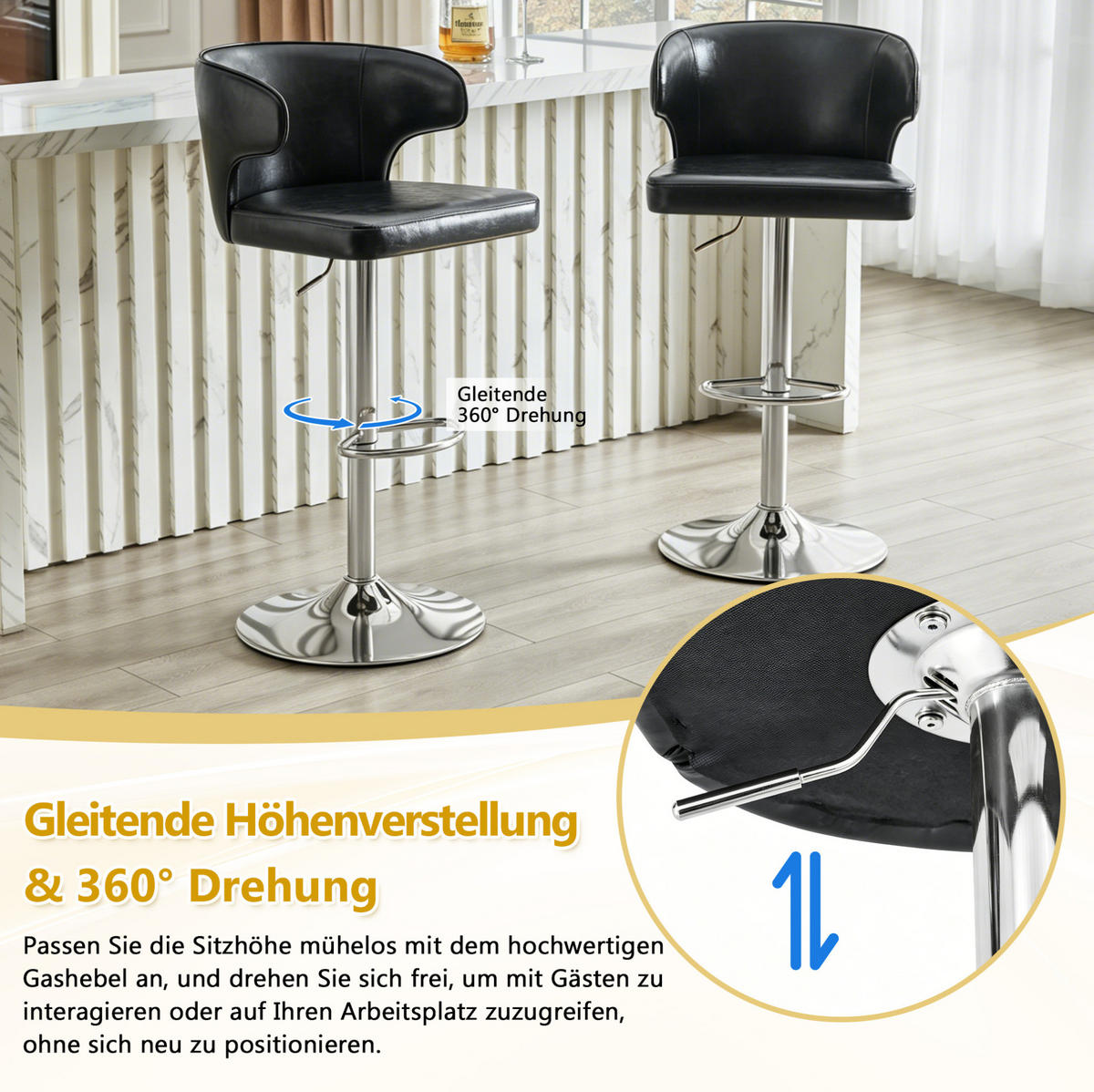 BARHOCKER 2er-Set höhenverstellbar drehbar Schwarz PU - Schwarz, Metall (45/110/49.72cm) - Meubliv