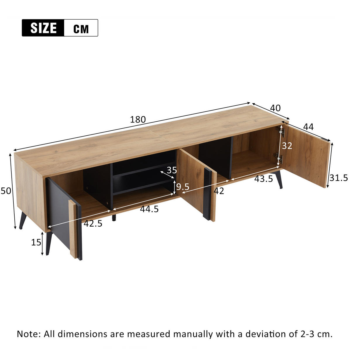 TV-LOWBOARD aus Spanplatte und Eisen 180x40x50 cm Schwarz/Braun mit 3 Türen und 4 offenen Fächern - Schwarz, Holzwerkstoff (180/50/40cm) - IVMEU