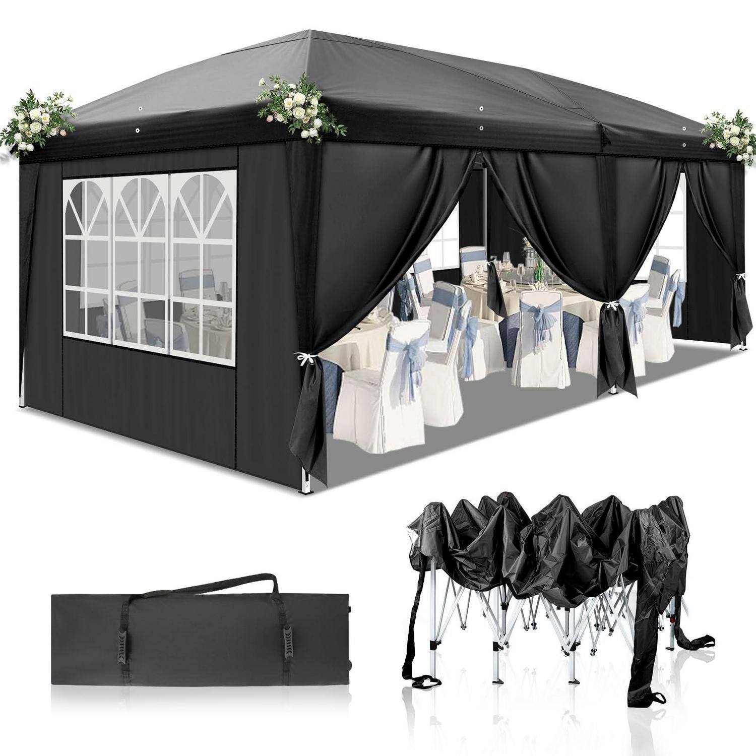 FALTPAVILLON 3 x 6 m Schwarz mit 6 Seitenteilen Wasserdicht UV-Schutz 50+ - Schwarz, Textil (300/255/600cm)