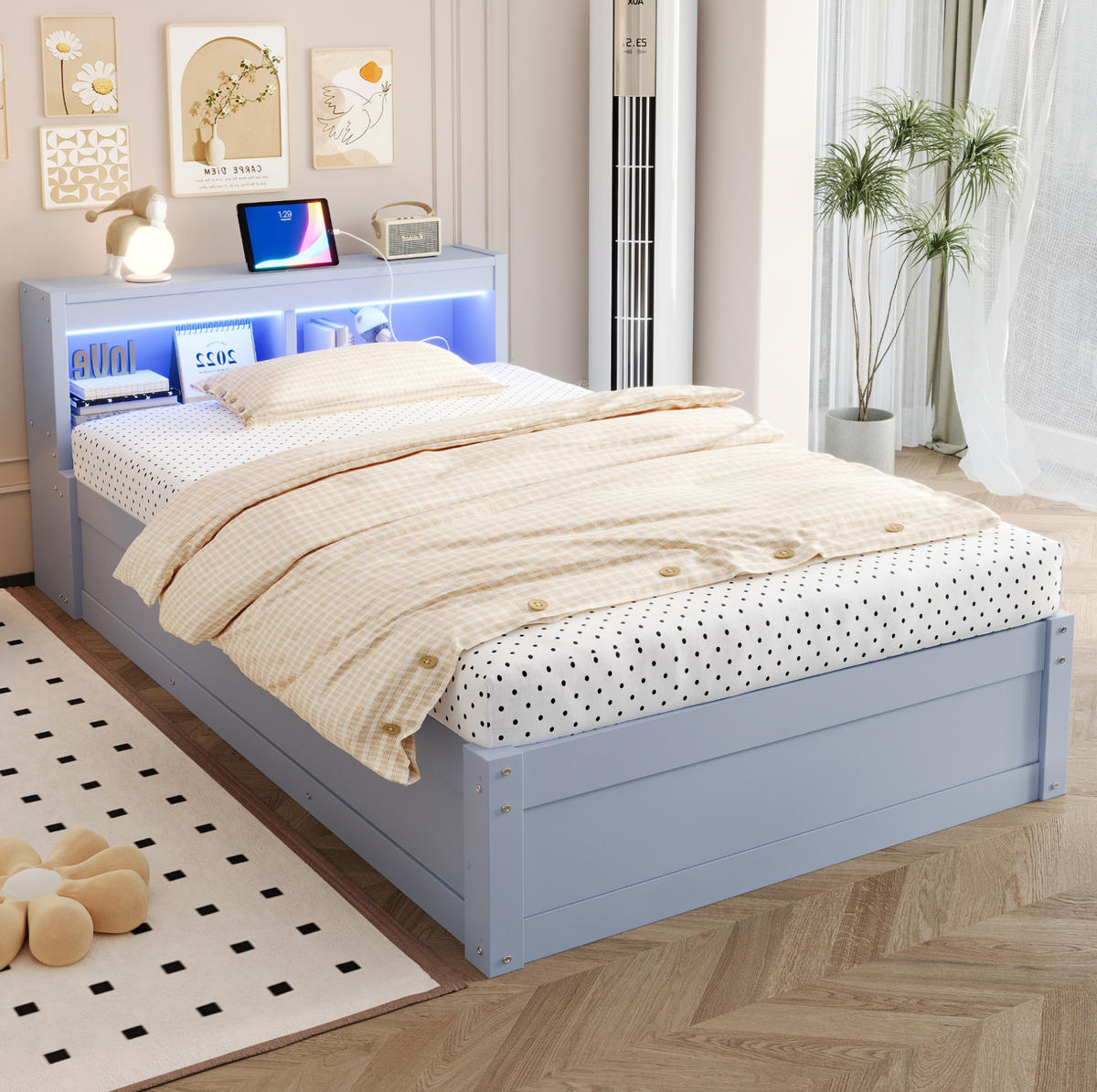 BETT 90/200 cm aus MDF mit LED-Lichtleiste, Grau - Grau, Holzwerkstoff (90/200cm) - OKMYHOME