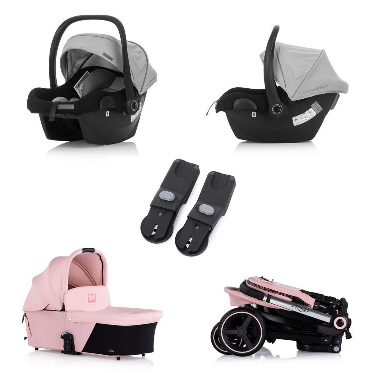 KINDERWAGEN Elite 3 in 1 pink i-Size Babyschale Sportsitz Babywanne Tasche - Pink/Rosa, Metall (75/58/111cm) - Chipolino