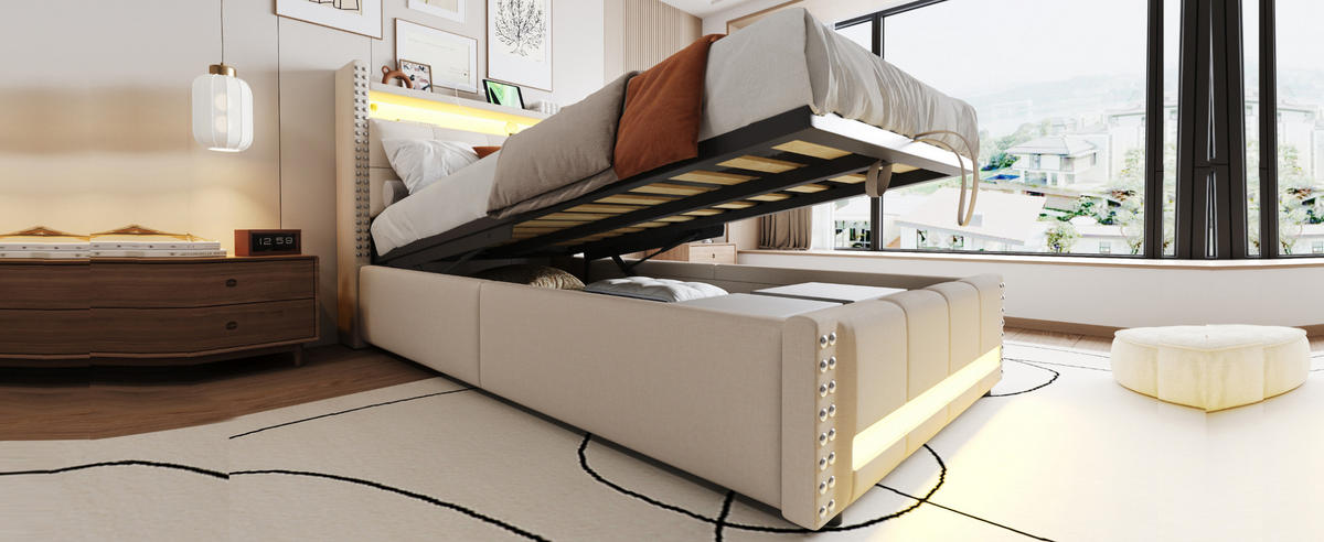 KINDERBETT 90x200 cm LED USB Stauraum beige - Beige, Textil (90/200cm) - LEBENLANG