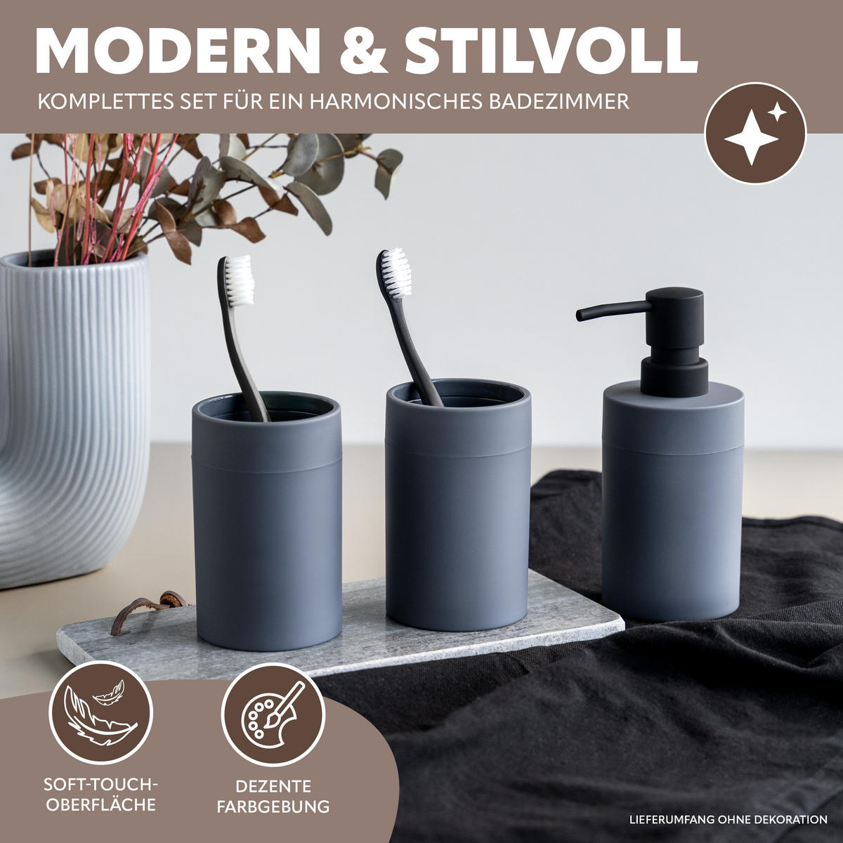 BADEZIMMER-SET SAVONA, Soft-Touch, grau, rund - Grau, Kunststoff (7/16/9cm) - bremermann