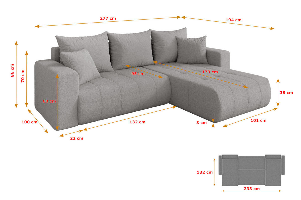 ROHOVÁ SEDAČKA s funkcí spaní, otoman vpravo MILA-L 277x194x86 světle šedá bouclé - černá/stříbrná, kompozitní dřevo/textil (277/194cm) - ALTDECOR