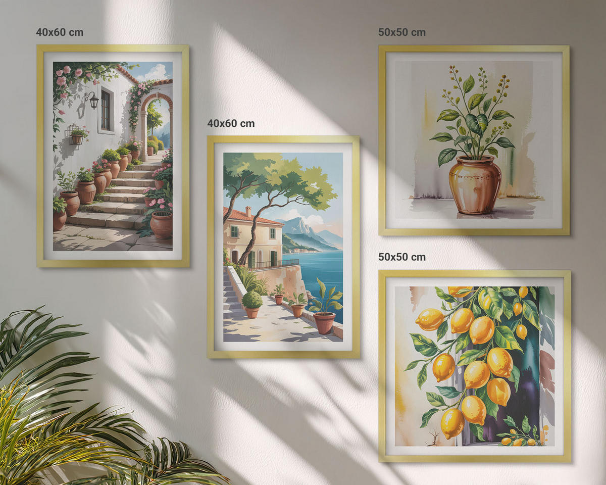 BILDER SET 4er Set - 50x50 cm & 40x60 cm Goldrahmen - Zitronenblüten am Meer - Goldfarben, Kunststoff (50/50cm) - TULUP