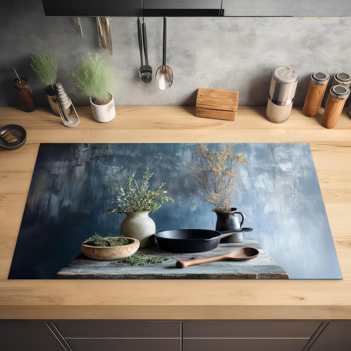 HERDABDECKPLATTE Stilleben - Kräuter - Rustikal Ceranfeldabdeckung 90x52 cm - Blaugrau, Kunststoff (90/52/0.2cm) - MuchoWow