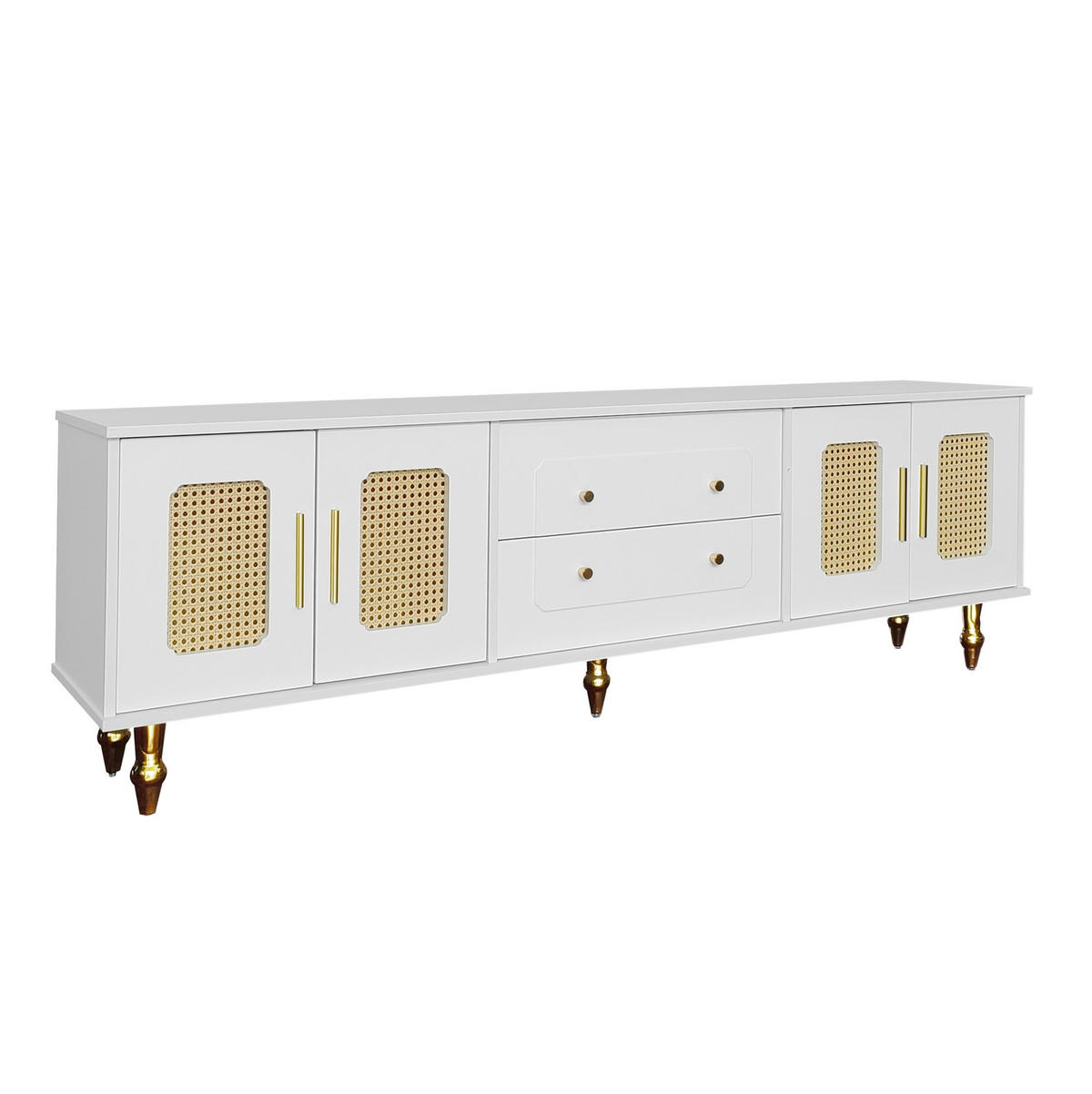 TV ormarić 175/38/55,5 cm bijeli od iverice s PVC vratima od ratana i ladicama na pritisak - bijela, drvni materijal (175/55.5/38cm) - OKWISH