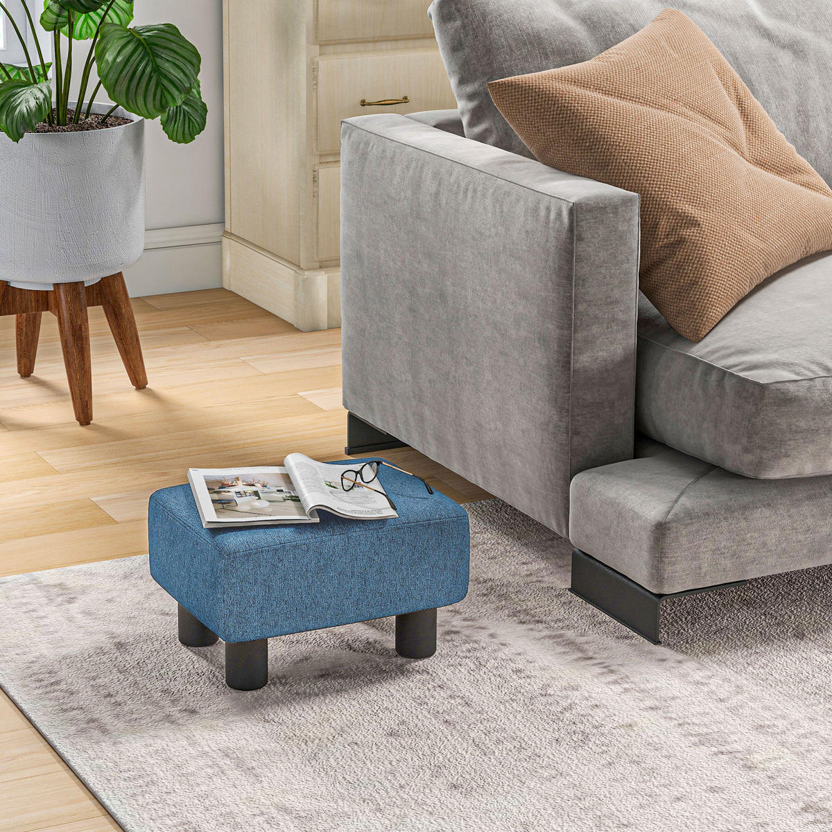 POUF DE-16384 gepolstert mit Leinenbezug Dunkelblau - Blau, Textil (30/24/40cm) - ComfortXL