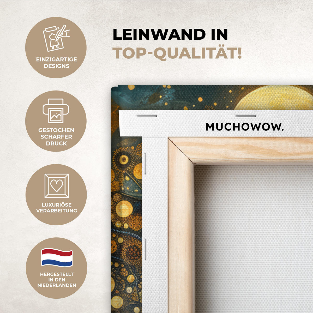 LEINWANDBILD Baum - Mond - Blumen - Gold - Kunst Wandbild Wohnzimmer 50x50 cm - Orange, Textil (50/50cm) - MuchoWow