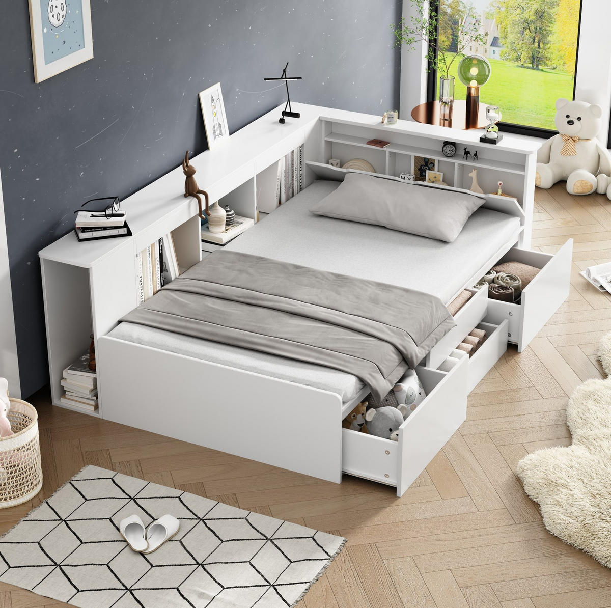 KINDERBETT 90/200 cm aus MDF mit 4 Schubladen, Bücherregal und Stauraum Weiß - Weiß, Holzwerkstoff (90/200cm) - Modenvie