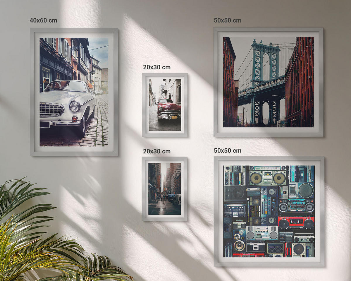 WANDBILDER 5er Set - 50x50 cm & 20x30 cm & 40x60 cm Silberner Rahmen - Old Cars Brooklyn Retro-Audio - Silberfarben, Kunststoff (40/60cm) - ArtPrintCave