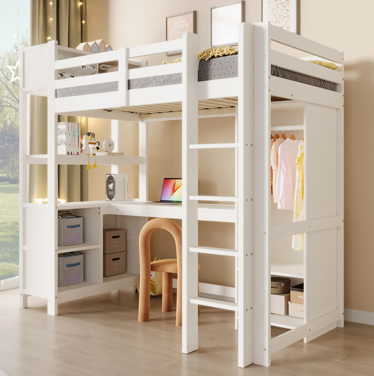 HOCHBETT 90x200 cm in Weiß mit Schreibtisch, Regalen und Kleiderschrank - Weiß, Holz (90/200cm) - IVMEU